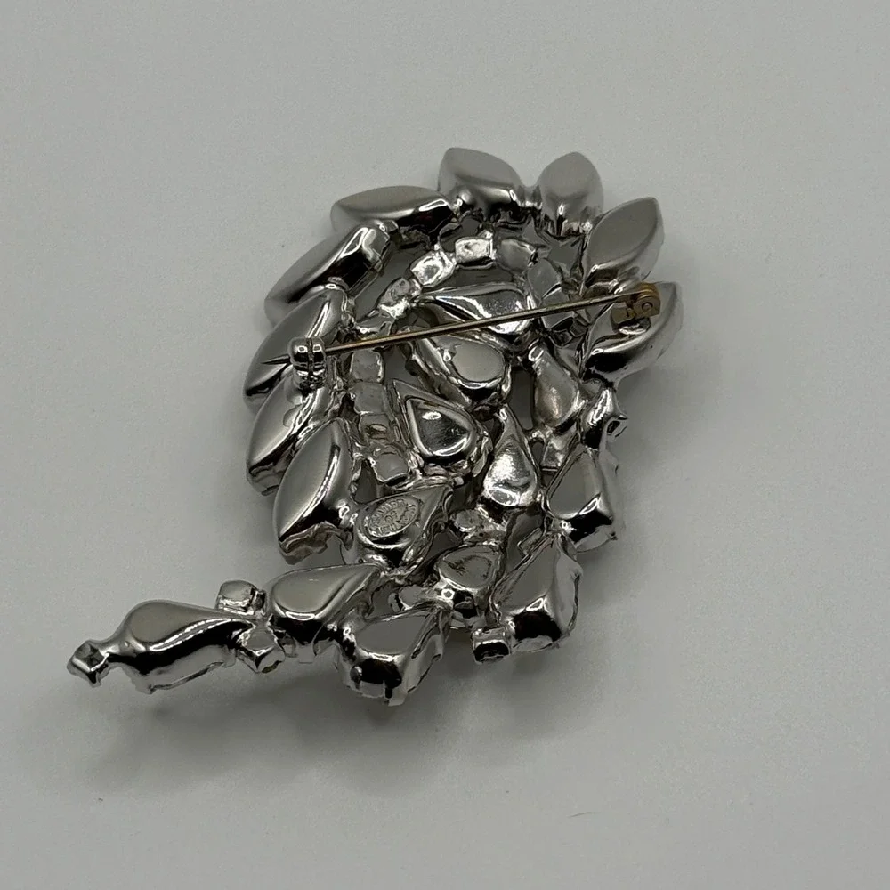 Vintage Kramer of New York Clear Rhinestone Spray Brooch Silver Tone Mid Century